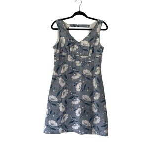 Anni Kuan Floral Blue White Linen Sleeveless Mini Sheath Dress Size 4 V-Neckline